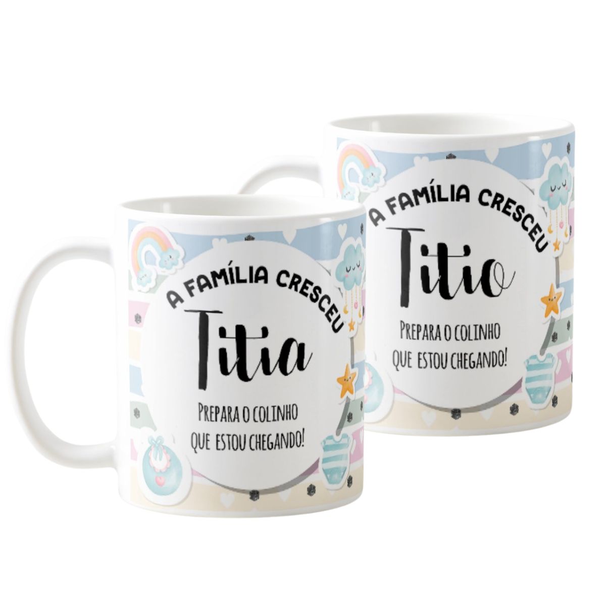 Kit Canecas Presente Gravidez Familia Cresceu Titio e Titia - Anúncio de Gravidez (Tia)
