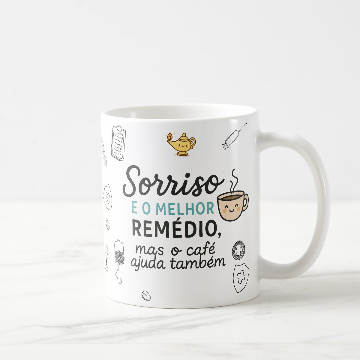 Combo 4 Canecas Brancas Engraçada Sorriso e Café enfermagem