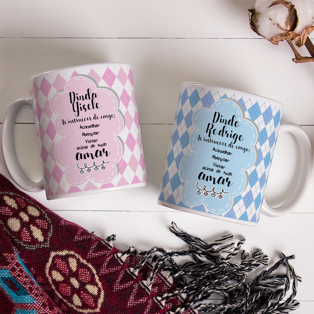 Kit 2 Canecas Personalizadas com Nome Convite Padrinhos Batizado Promovidos a Dindos