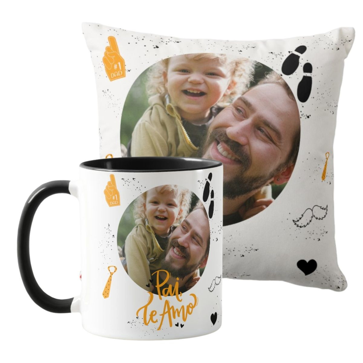 Kit Presente Dia dos Pais Caneca e Almofada Te Amo com Foto - Família (Pai)