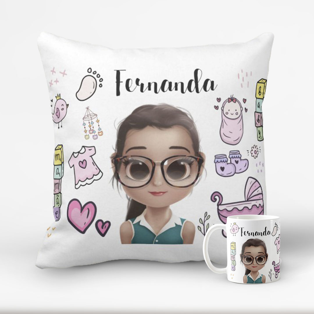 Kit para Presente Almofada e Caneca com Avatar- Dia das Mães - Família (Mãe)