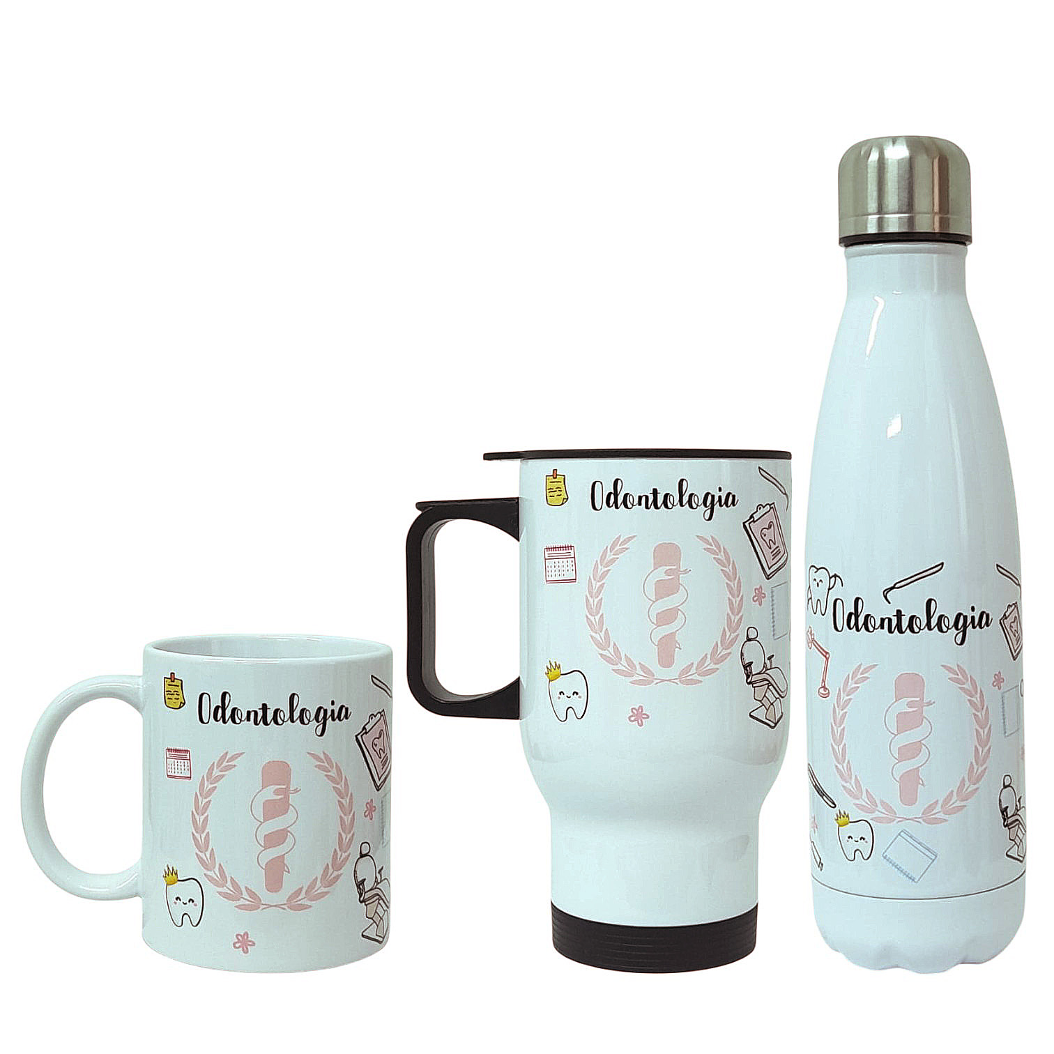 Kit Dentista Caneca, Garrafa e Copo Térmico Odontologia Mimo - Profissões (Dentista)