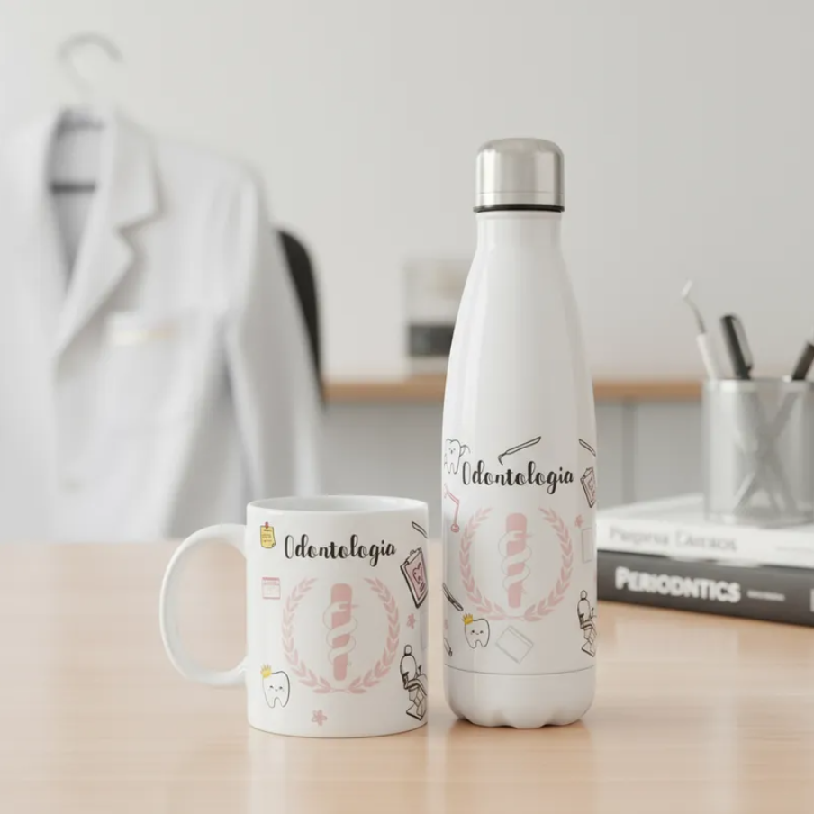 Kit Dentista Caneca, Garrafa e Copo Térmico Odontologia Mimo