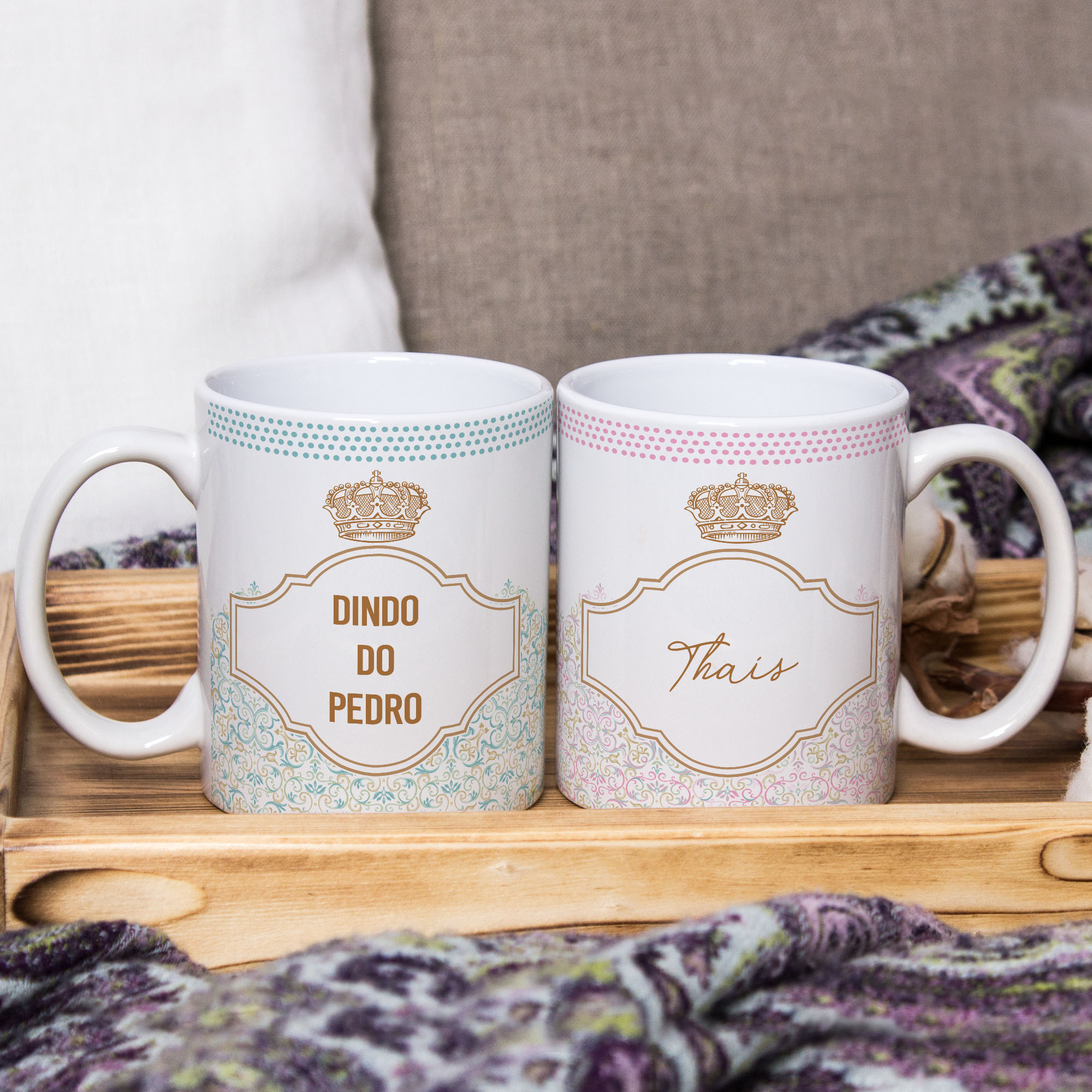 Kit 2 Canecas Personalizadas Batizado Nascimento com Nomes e Coroa