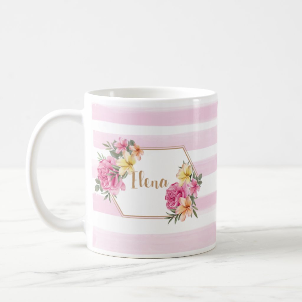 Caneca para Presente Personalizado Feminino Floral com Nome - Outros (Floral feminina rosa)