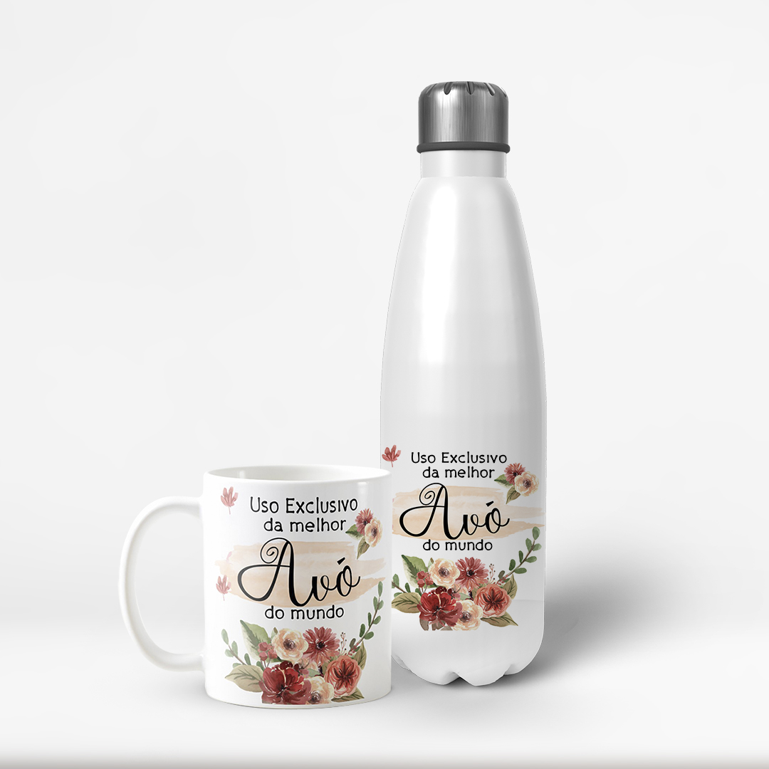 Kit Avó com Garrafa Térmica  e Caneca Melhor Avó do Mundo - Família (Avó/Avô)