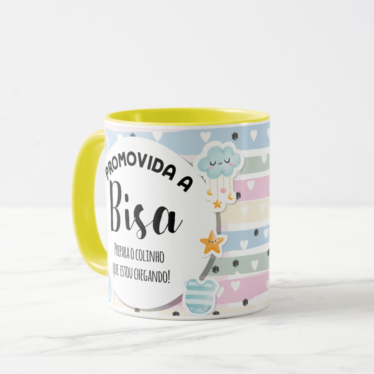 Caneca Personalizada Anúncio De Gravidez Gestação Bisa Avó Branco Com Interior E Alça Amarelo Frase/anúncio De Gravidez (bisa)