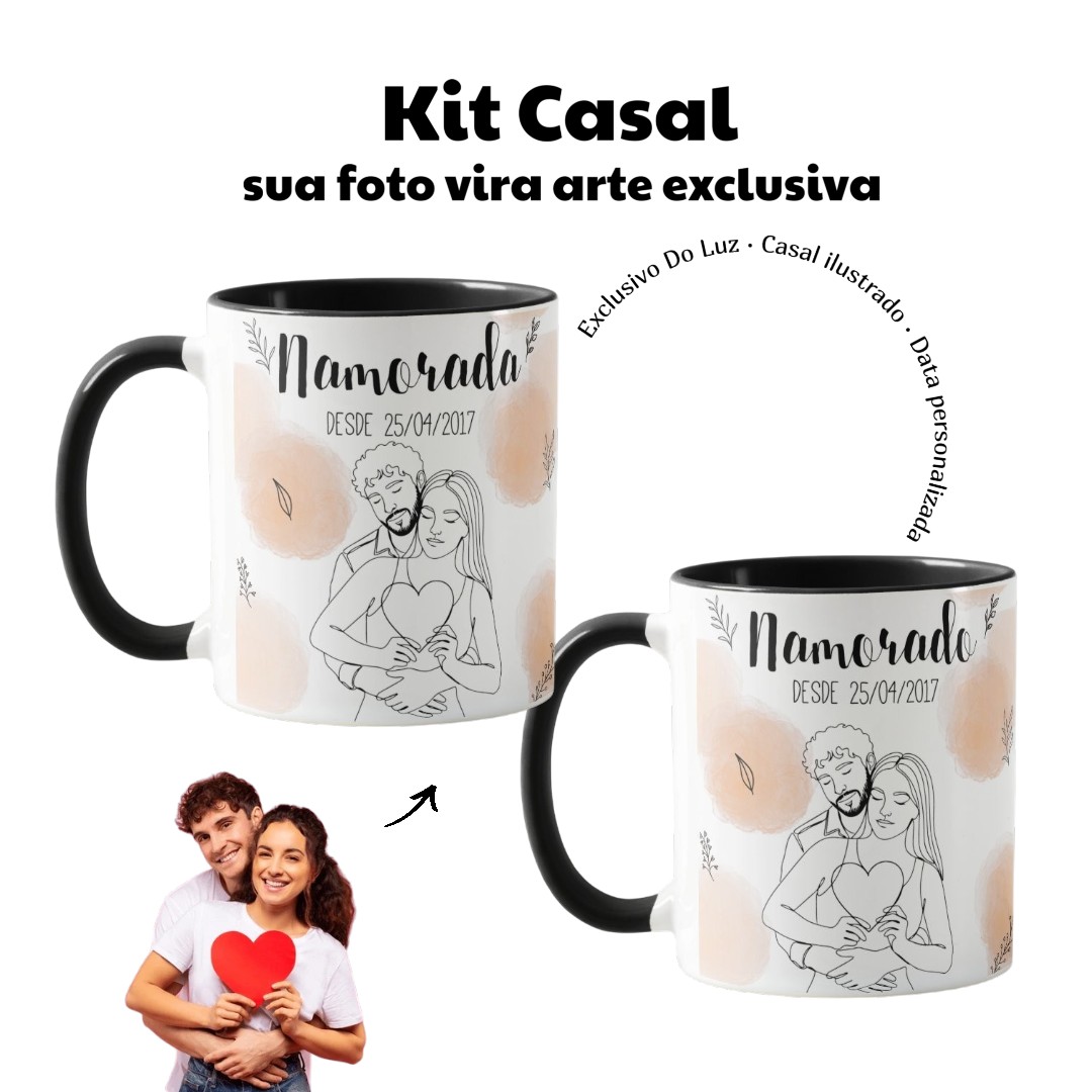 Kit Namorados - 2 Canecas Namorada e Nomorado Personalizado com Ilustração Casal - Preta - Outros (Casal)