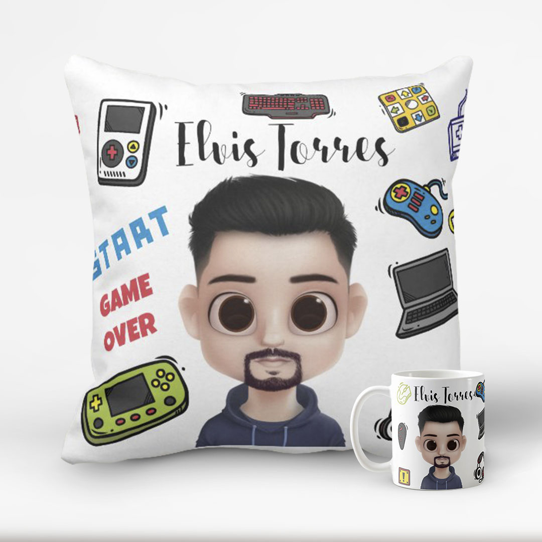 Conjunto Almofada Decorativa E Caneca Videgame Com Avatar Masculino - Outros (Amizade)