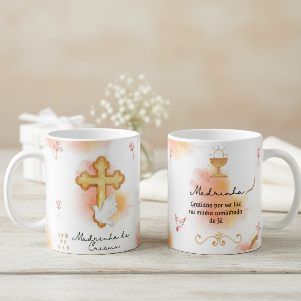 Kit 2 Canecas Cerâmica Madrinha de Crisma Presente Lembrança Católica Especial