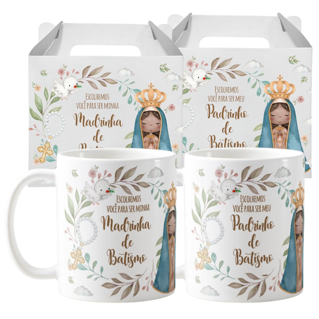 Kit 2 Canecas Cerâmica Padrinhos Batismo Convite Lembrança - Batizado (Padrinho)