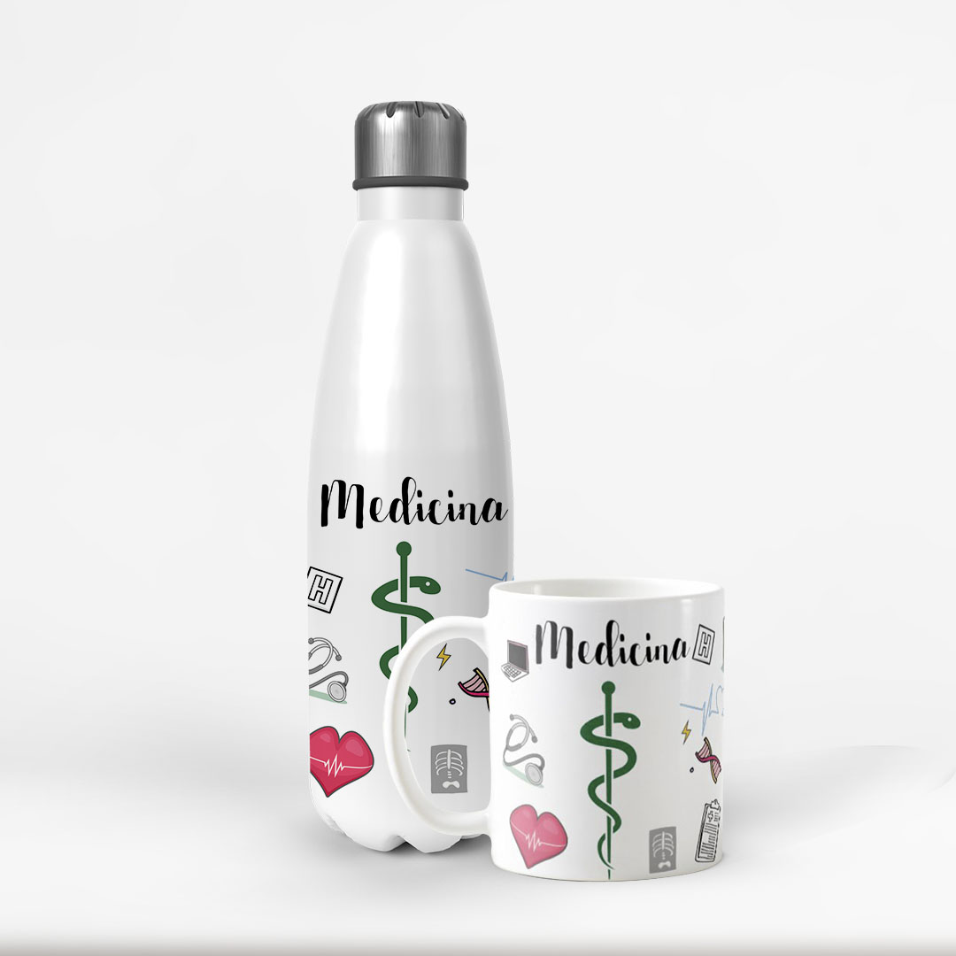 Conjunto Garrafa Térmica e Caneca Personalizada Medicina - Profissões (Médico(a))
