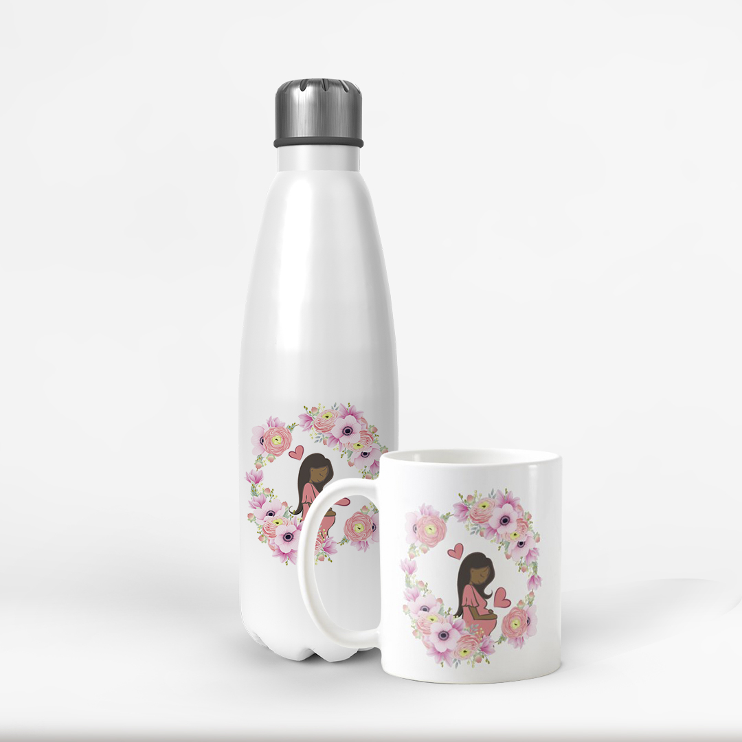 Kit Presente Gravidez Garrafa Térmica e Caneca Personalizada - Anúncio de Gravidez (Mãe/Gestante)