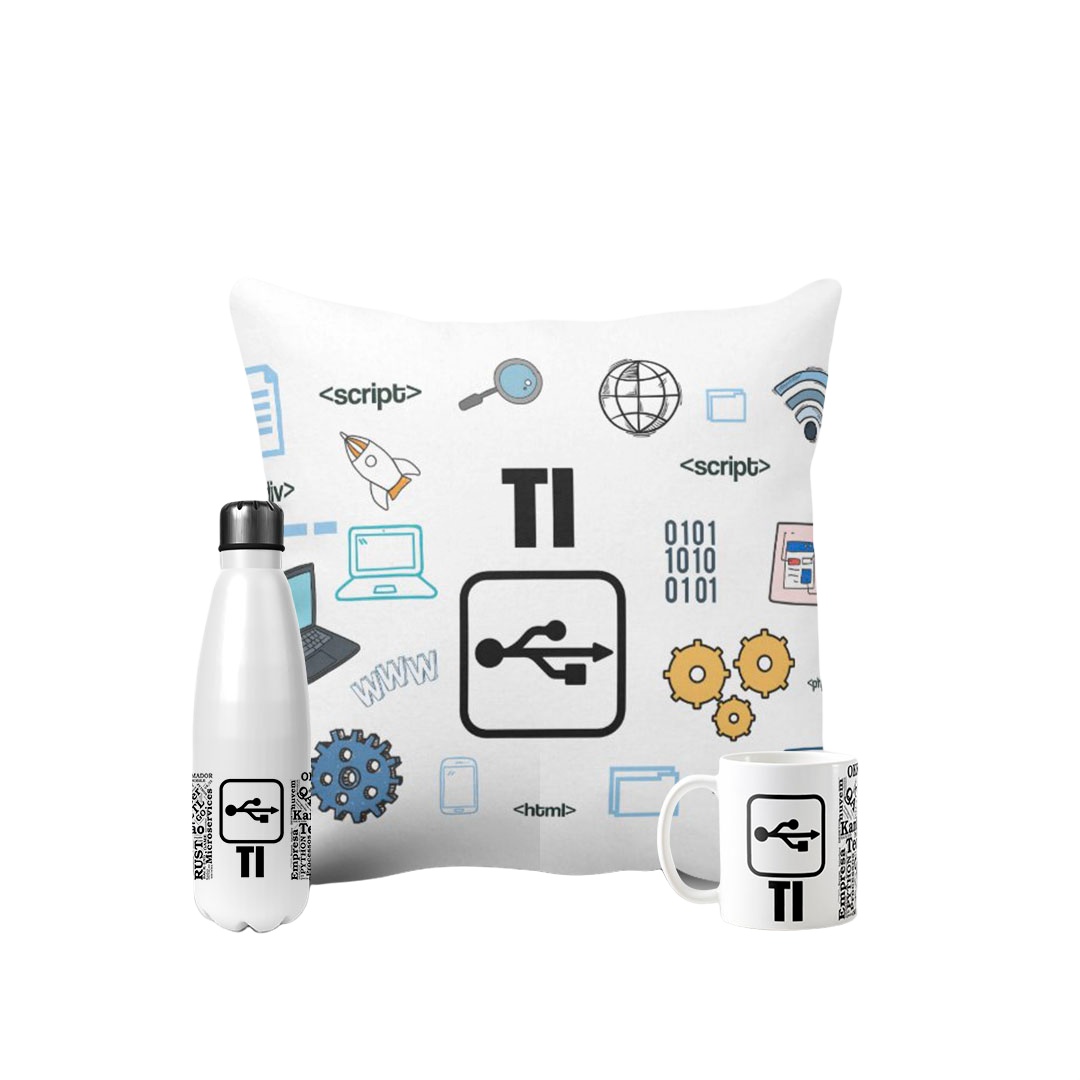 Conjunto Garrafa Térmica Caneca e Almofada Tecnologia TI - Profissões (Programador(a))