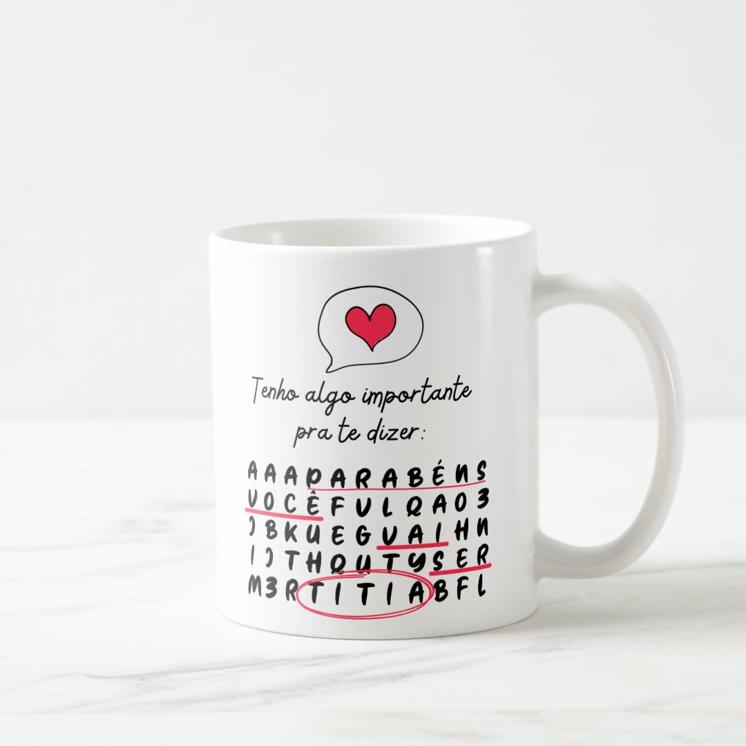 Caneca Caça Palavras Surpresa para Contar Gravidez a Titia - Anúncio de Gravidez (Tia)