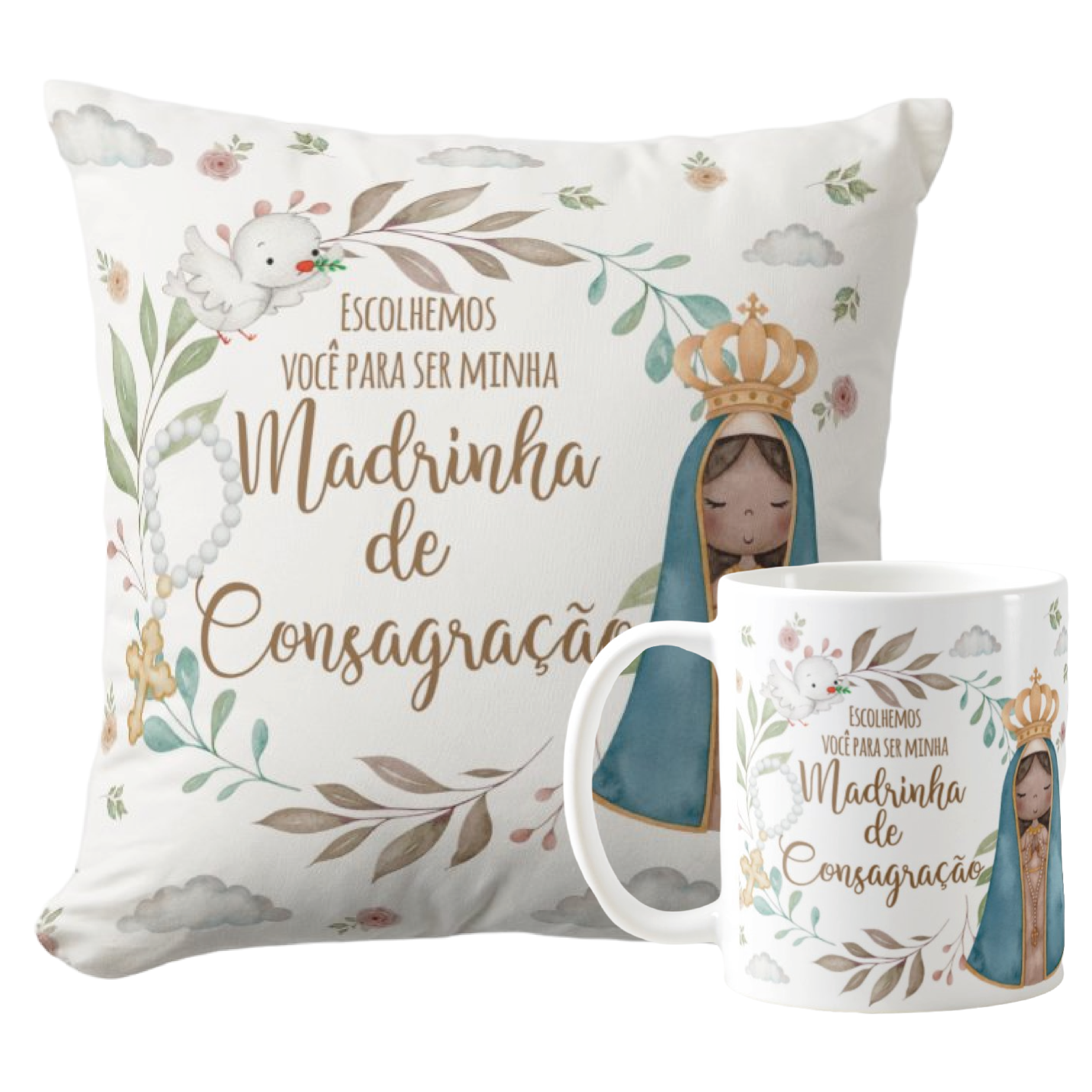 Kit Caneca e Almofada Convite para Madrinha de Consagração - Batizado (Madrinha de Consagração)