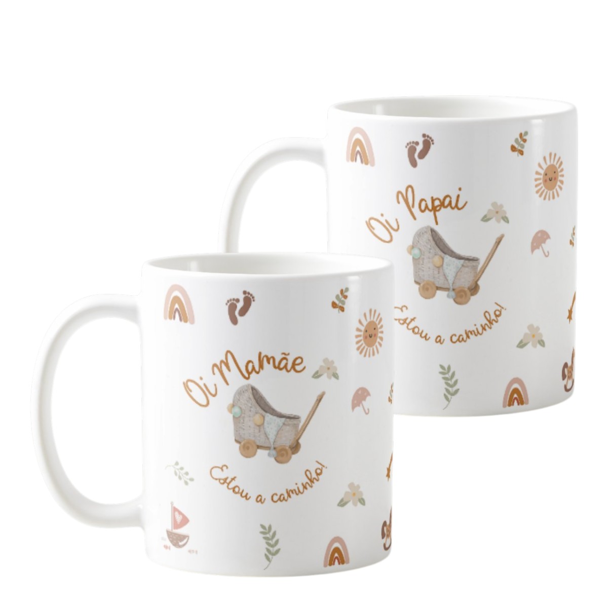 Kit Canecas Oi Mamãe Oi Papai Boho Chá Revelação Bebê - Anúncio de Gravidez (Mãe)
