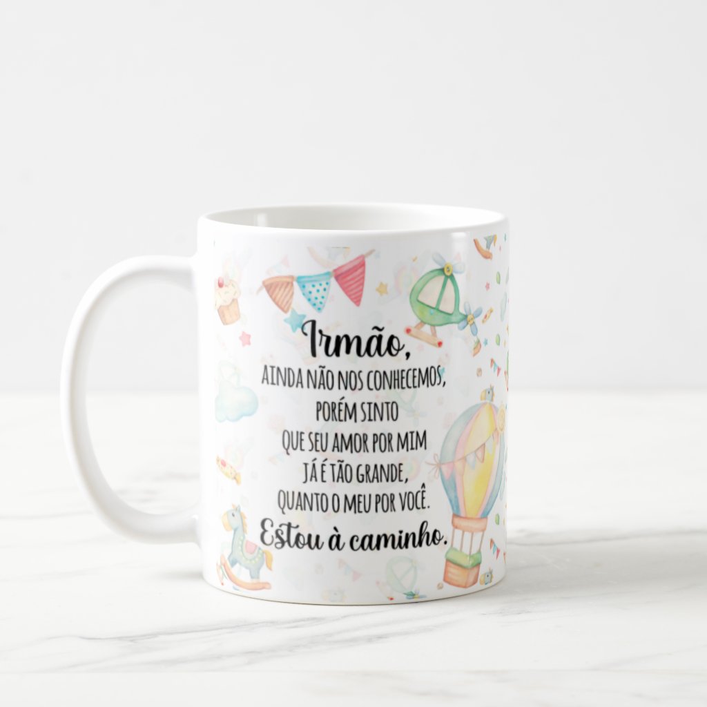 Caneca Presente Revelação de Gravidez Estou à Caminho Irmã - Anúncio de Gravidez (Irmão(ã))