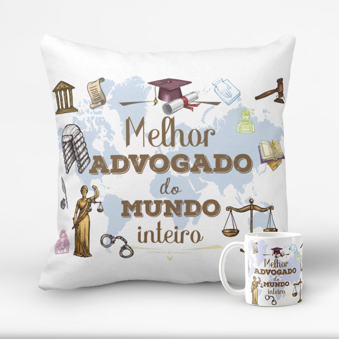Conjunto Almofada Decorativa Caneca Melhor Advogado do Mundo - Profissões (Advogado(a))