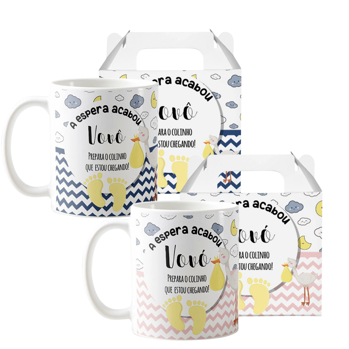 Kit Canecas Cerâmica 325ml Grávidez Surpresa Avós Vovô Branco Presente Criativo Combo 4 Preparem O Colinho