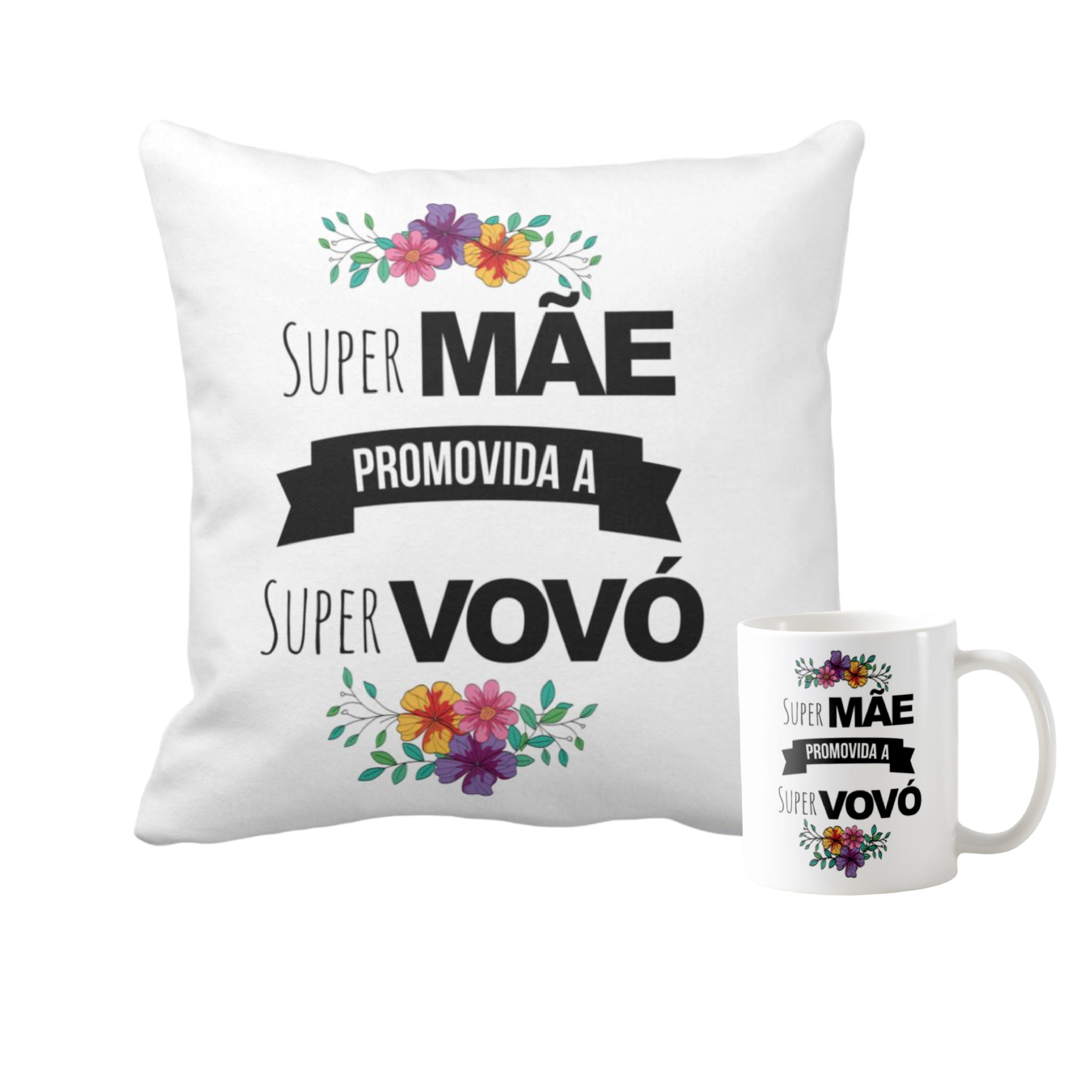 Kit Caneca E Almofada Super Mãe Promovida A Super Vovó - Anúncio de Gravidez (Avós)