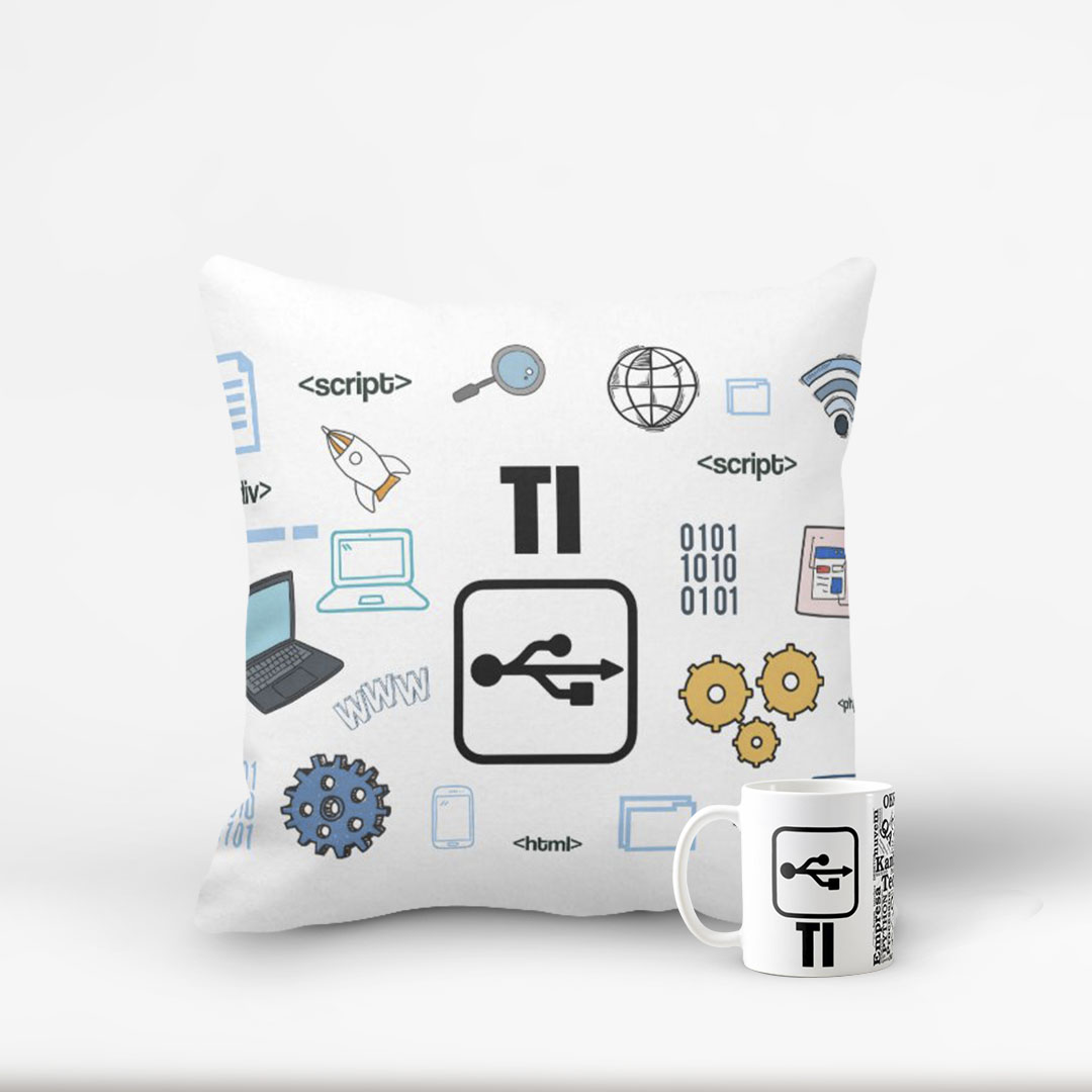 Conjunto Almofada e Caneca Tecnologia Informação TI - Profissões (Programador(a))