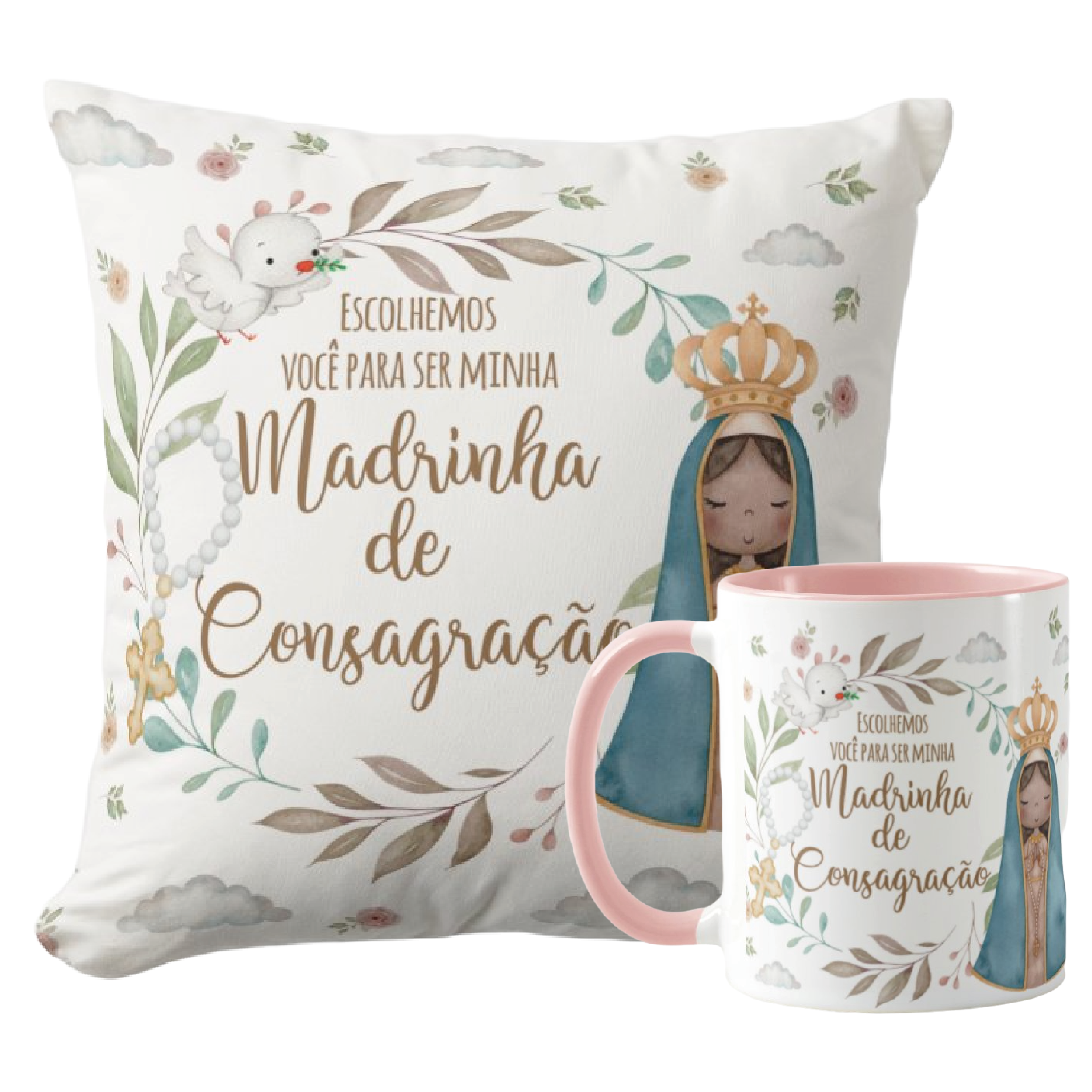 Kit Almofada e Caneca Batismo Madrinha de Consagração Presente Pront