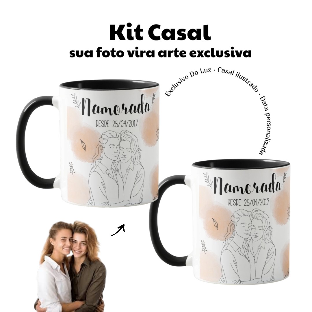 Kit Namoradas- 2 Canecas Namoradas Personalizado com Ilustração Casal - Preta - Outros (Casal)