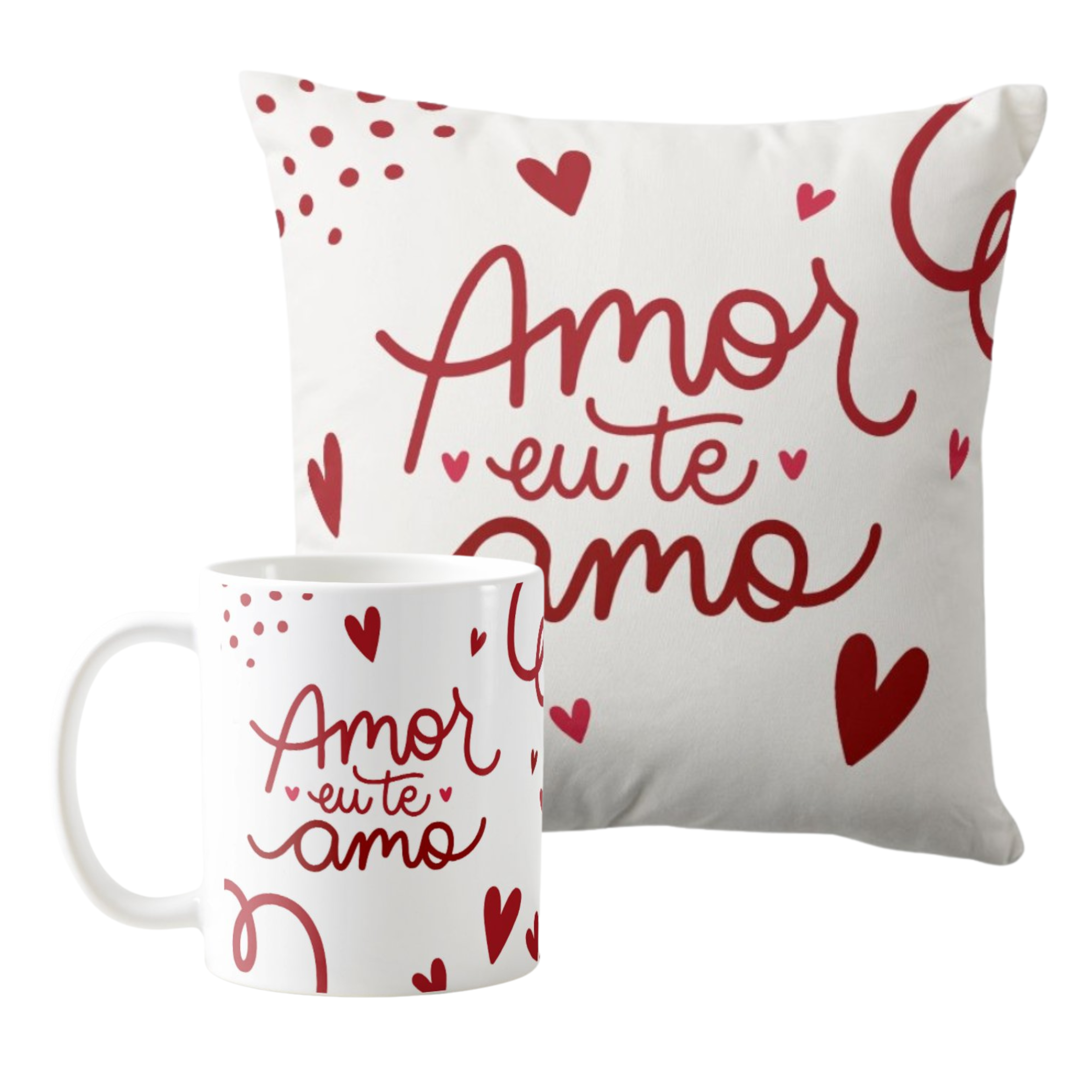 Kit Almofada e Caneca Presente em Comemoração Amor Eu Te Amo - Família (kit amor eu te amo coraçoes)