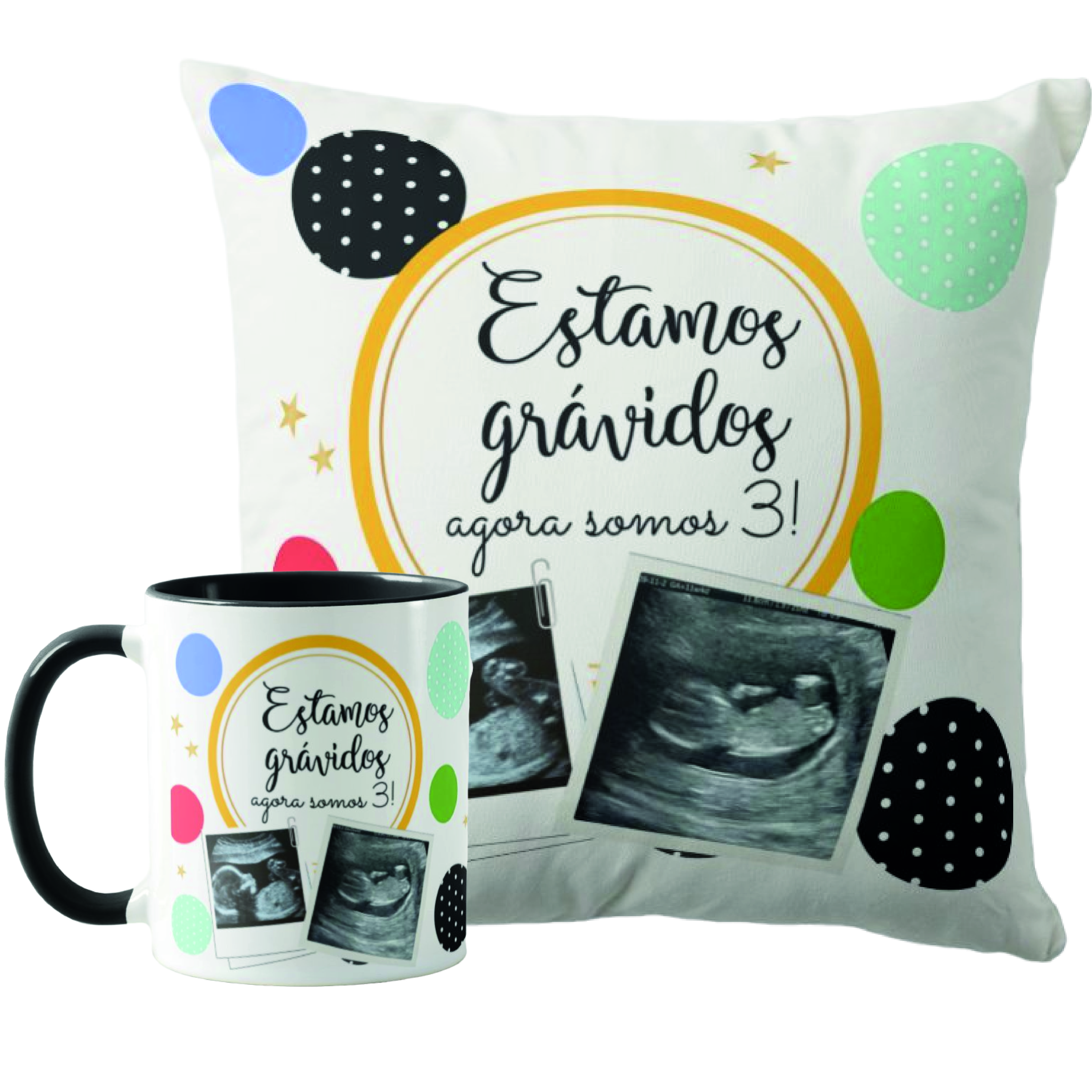 Kit Caneca e Almofada Revelação de Gravidez Criativa - Anúncio de Gravidez (Família/Geral)
