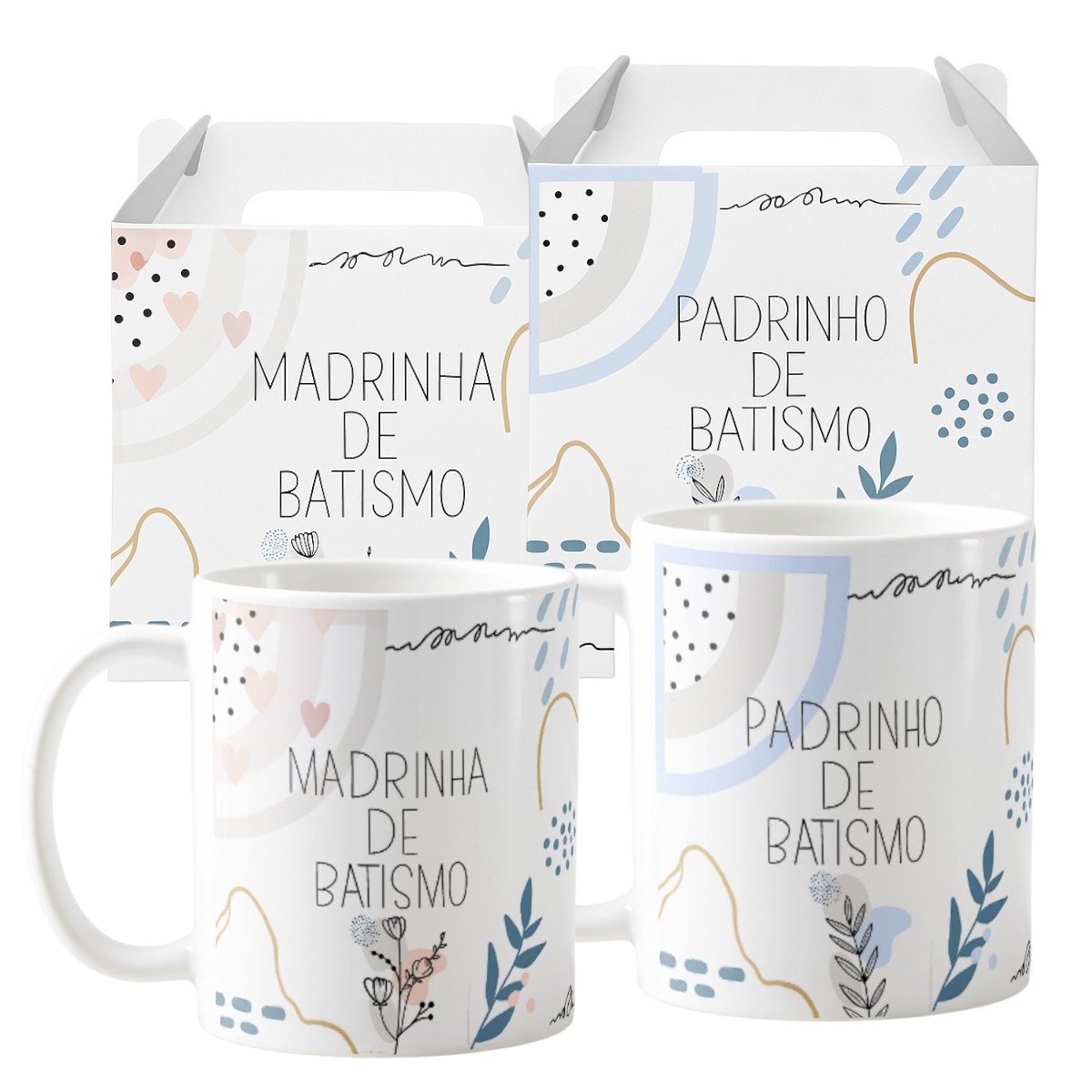 Kit 2 Canecas Cerâmica Padrinhos Batismo Minimalista - Batizado (Padrinho)