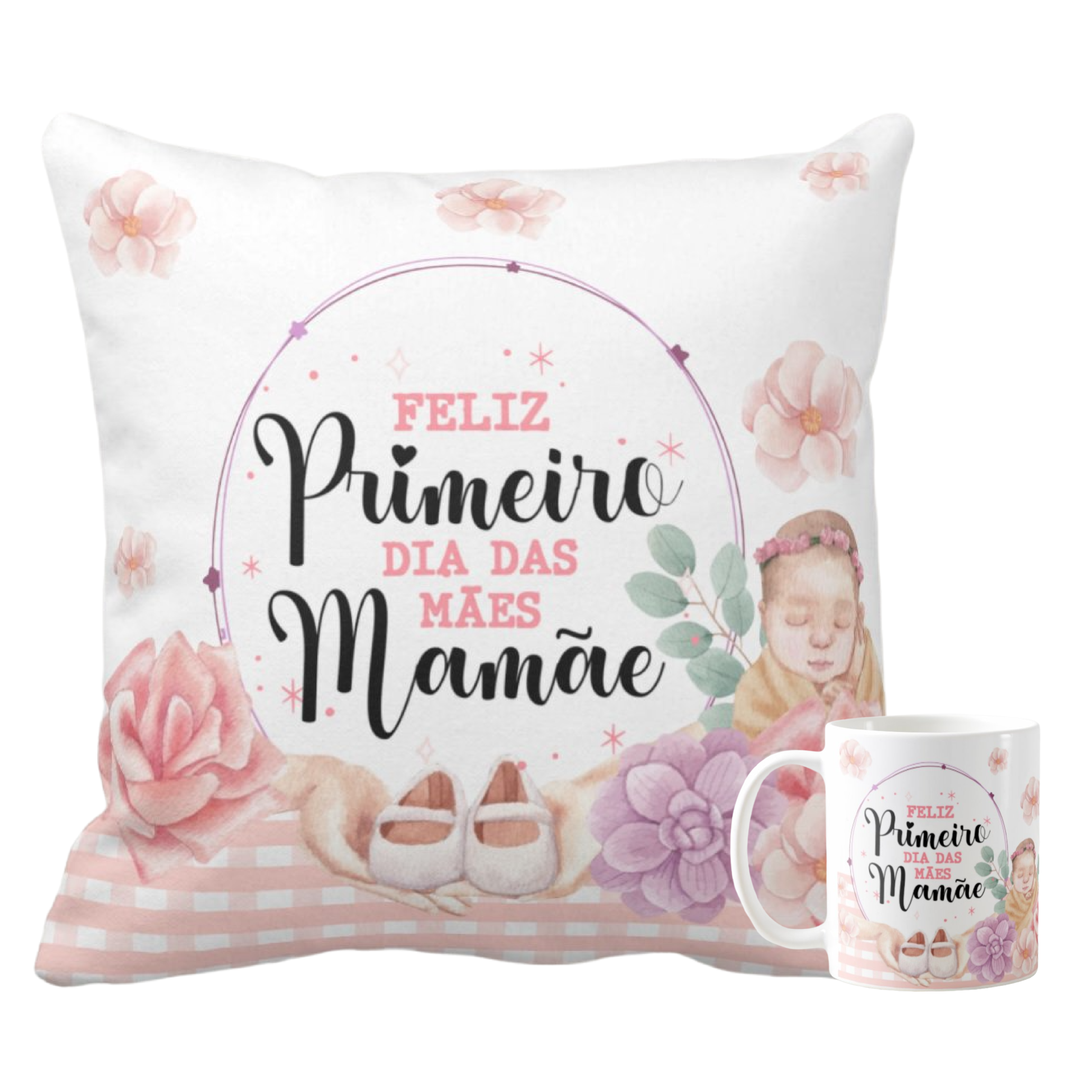 Conjunto Almofada e Caneca Primeiro Dia das Mães Mãe de Menina