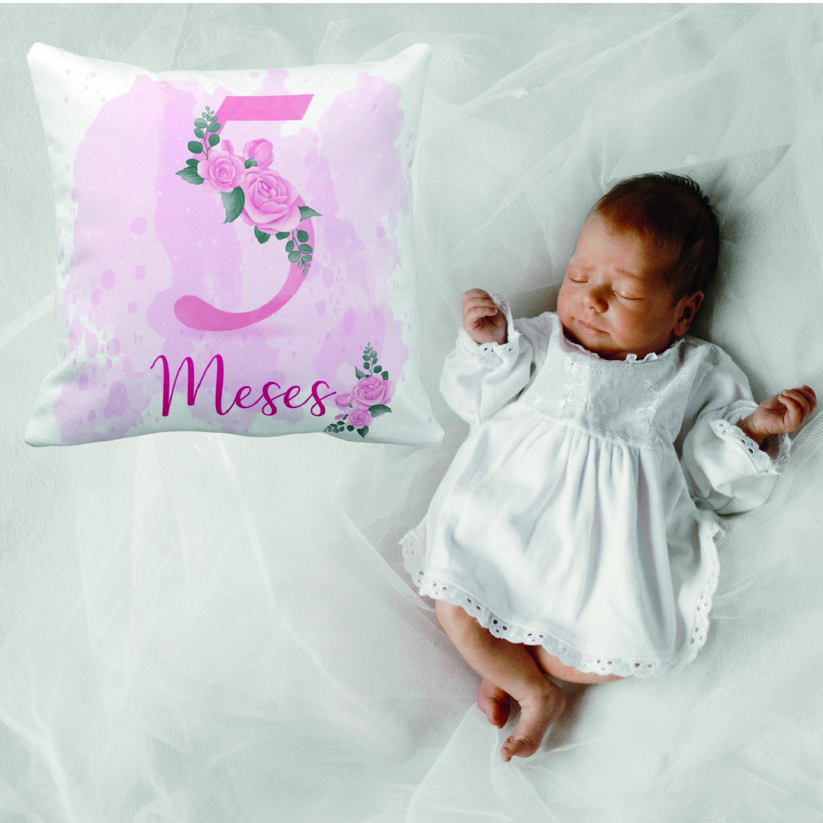 Almofada Personalizada de Mesversário Feminina Mês 5 Floral - Família (Mesversário floral 5 meses)