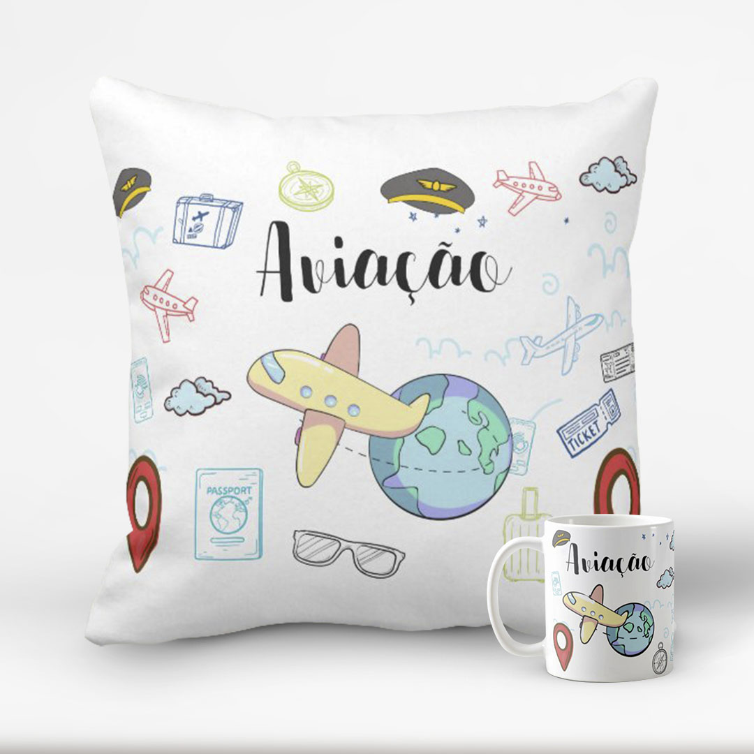 Conjunto Almofada Decorativa e Caneca Aviação - Profissões (Piloto)