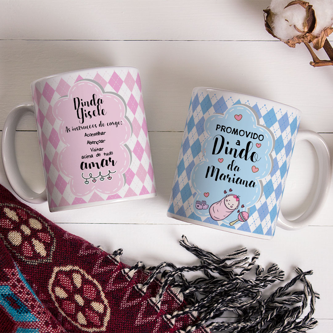 Kit 2 Canecas Personalizadas com Nome Convite Padrinhos Batizado Promovidos a Dindos