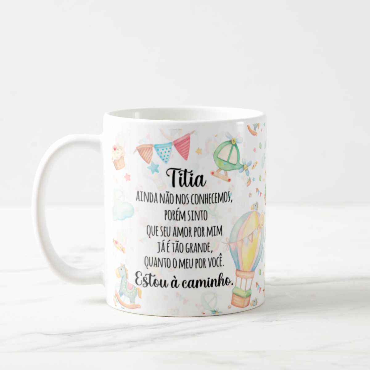 Caneca Presente Revelação de Gravidez Estou à Caminho Titia - Anúncio de Gravidez (Tia)