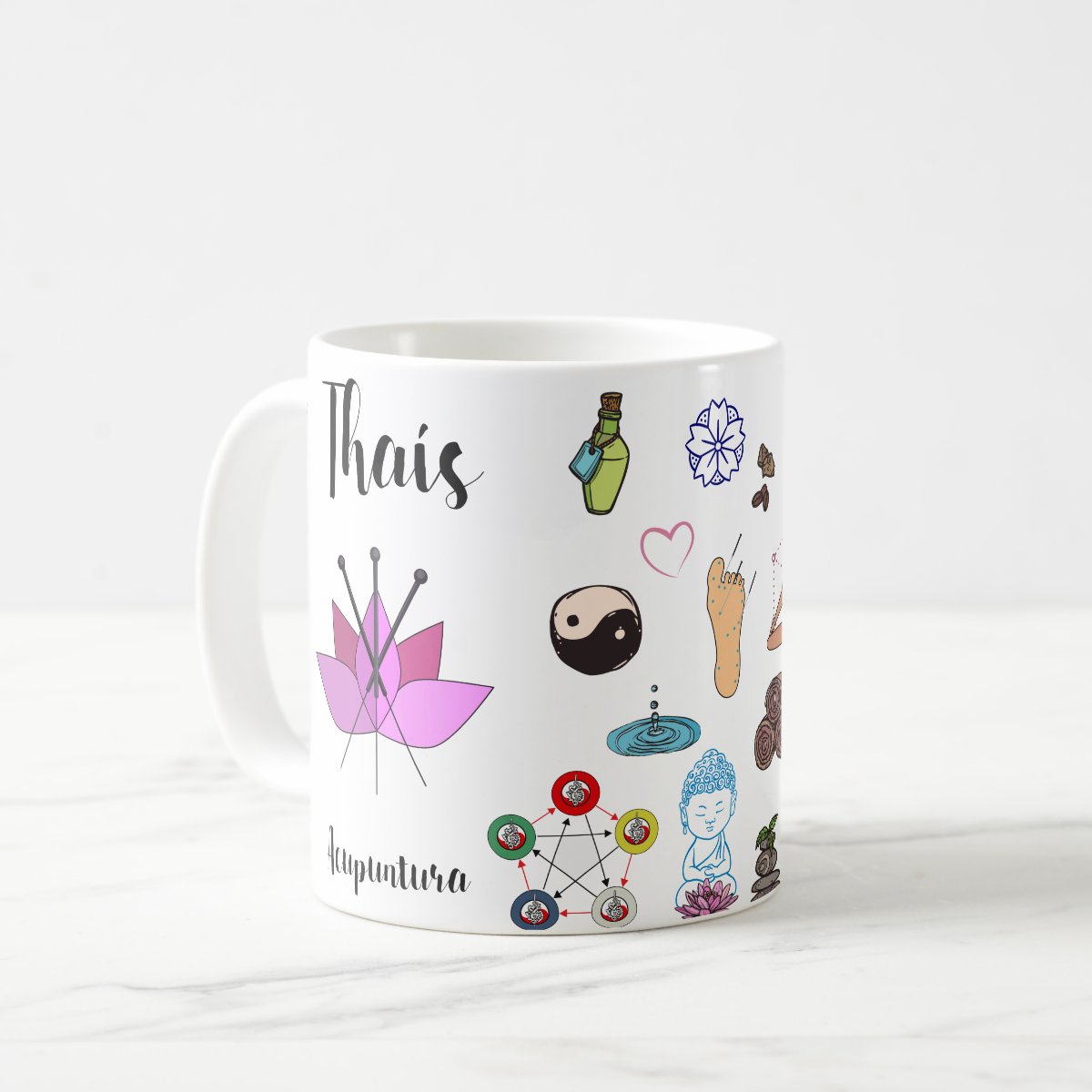 Caneca Personalizada Criativa de Acupuntura com Nome Branca