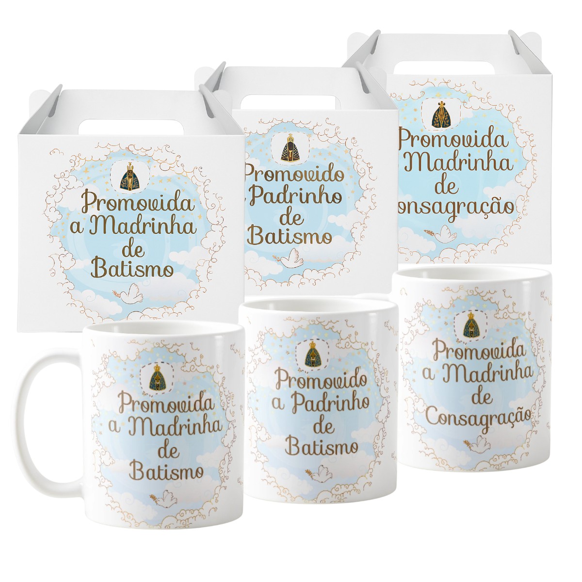 Kit 3 Canecas Padrinhos Batismo e Consagração Céu Azul - Batizado (Padrinho)