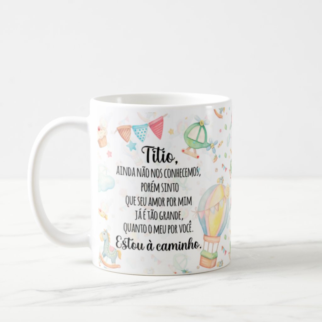 Caneca Presente Revelação de Gravidez Estou à Caminho Titio - Anúncio de Gravidez (Tio)