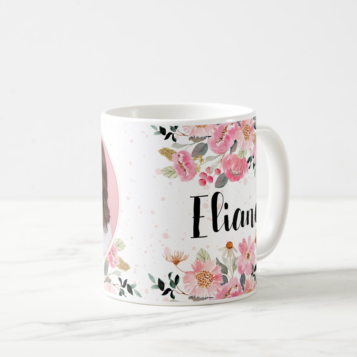 Caneca Feminina Personalizada com Foto e Nome Floral