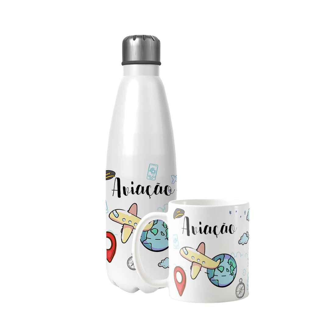 Conjunto Garrafa Térmica e Caneca Personalizada Aviação - Profissões (Piloto)