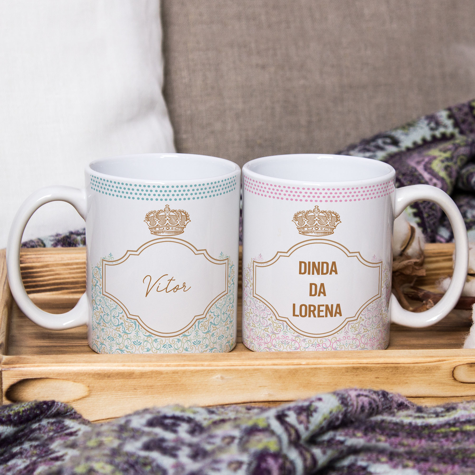 Kit 2 Canecas Personalizadas Batizado Nascimento com Nomes e Coroa