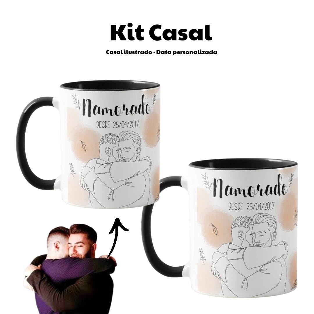 Kit Namorados - 2 Canecas Namorados Personalizado com Ilustração Casal - Preta - Outros (Casal)