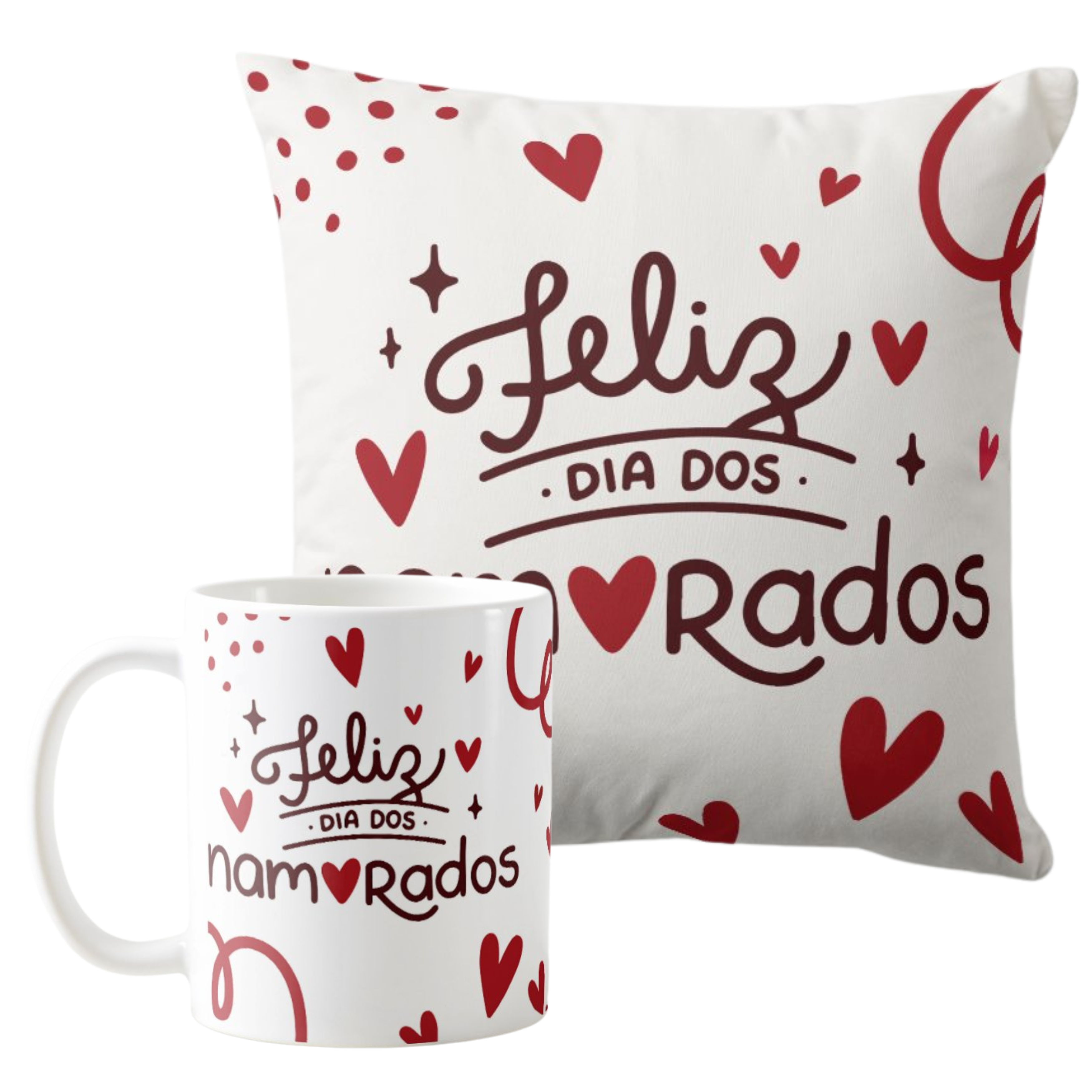Kit Almofada e Caneca Corações para Casal Dia dos Namorados