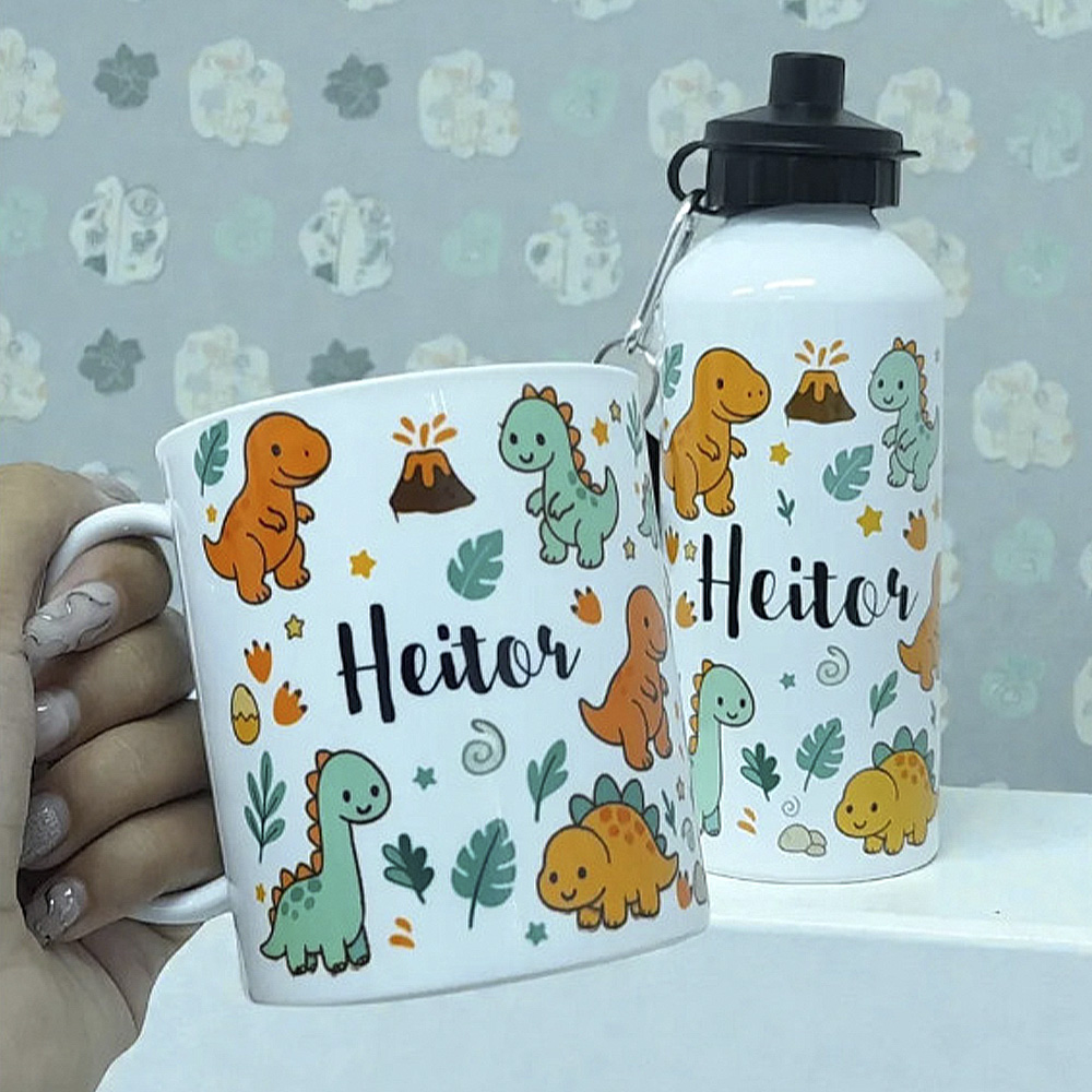 Kit Dinossauro Caneca E Garrrafa Escolar Nome Personalizado Branco