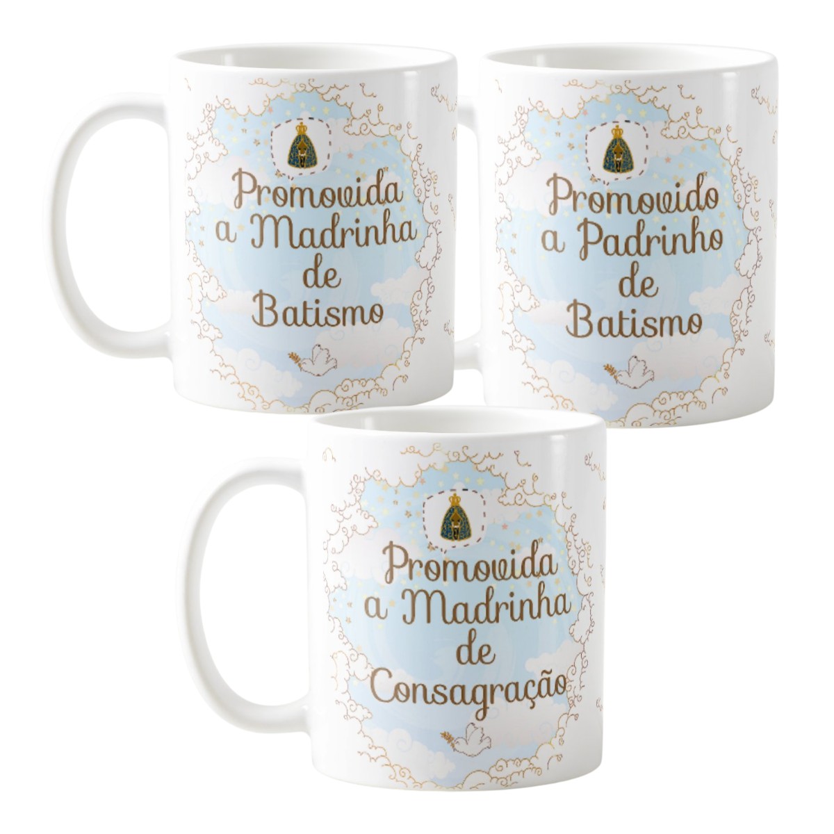 Kit 3 Canecas Padrinhos Batismo e Consagração Céu Azul