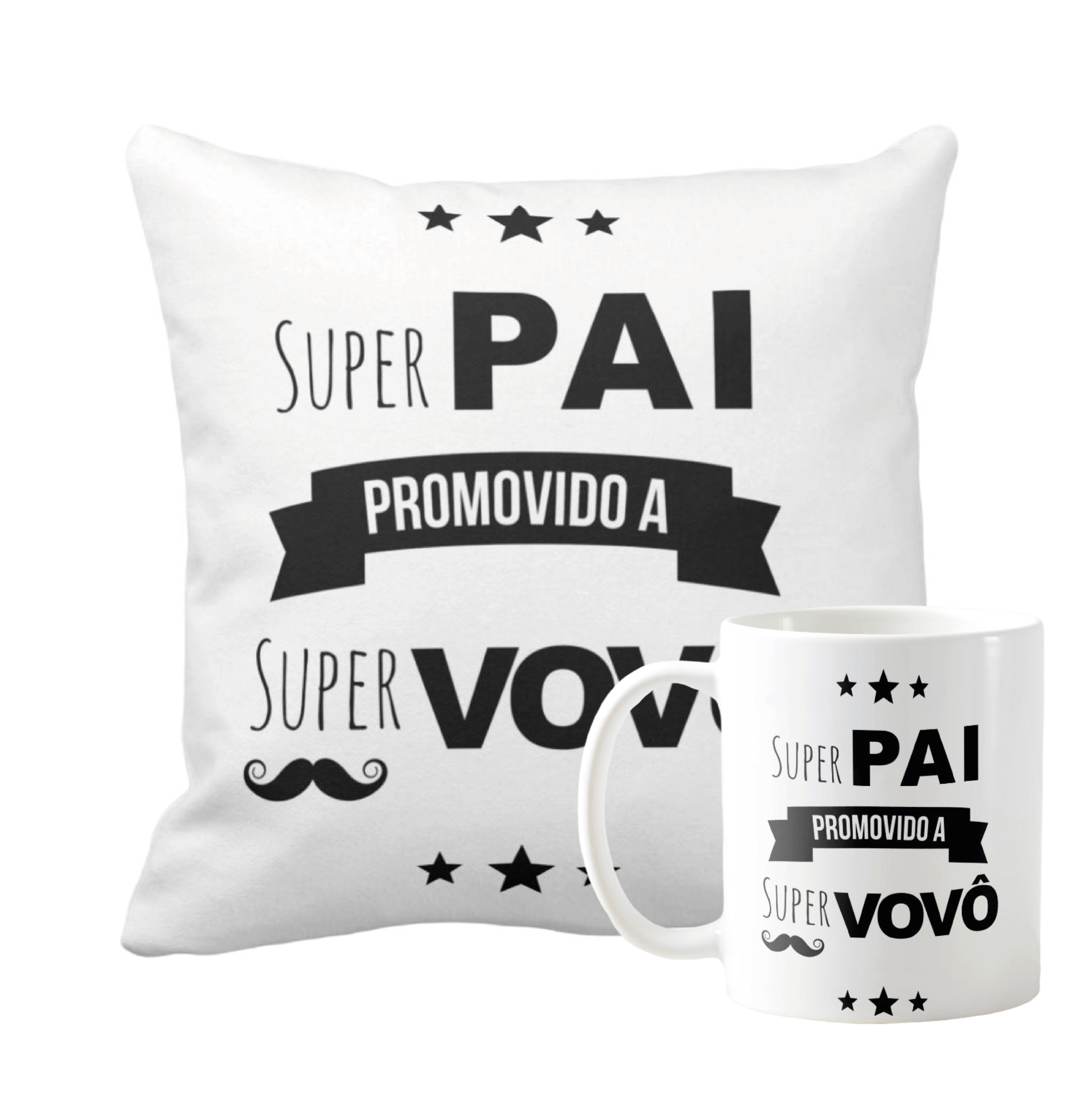Kit Caneca e Almofada Super Pai Promovido a Super Vovô - Anúncio de Gravidez (Avós)
