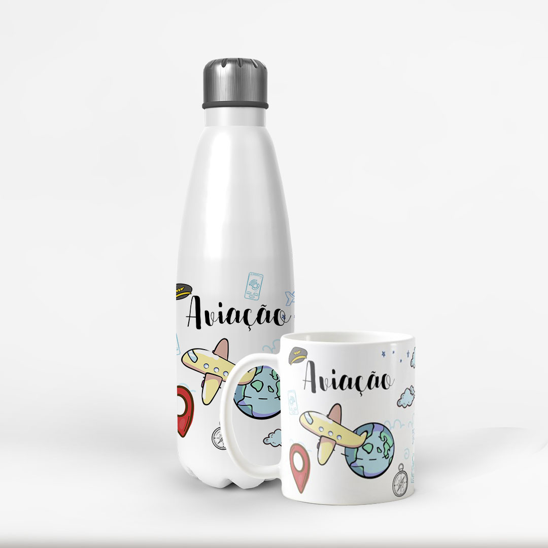 Conjunto Garrafa Térmica e Caneca Personalizada Aviação