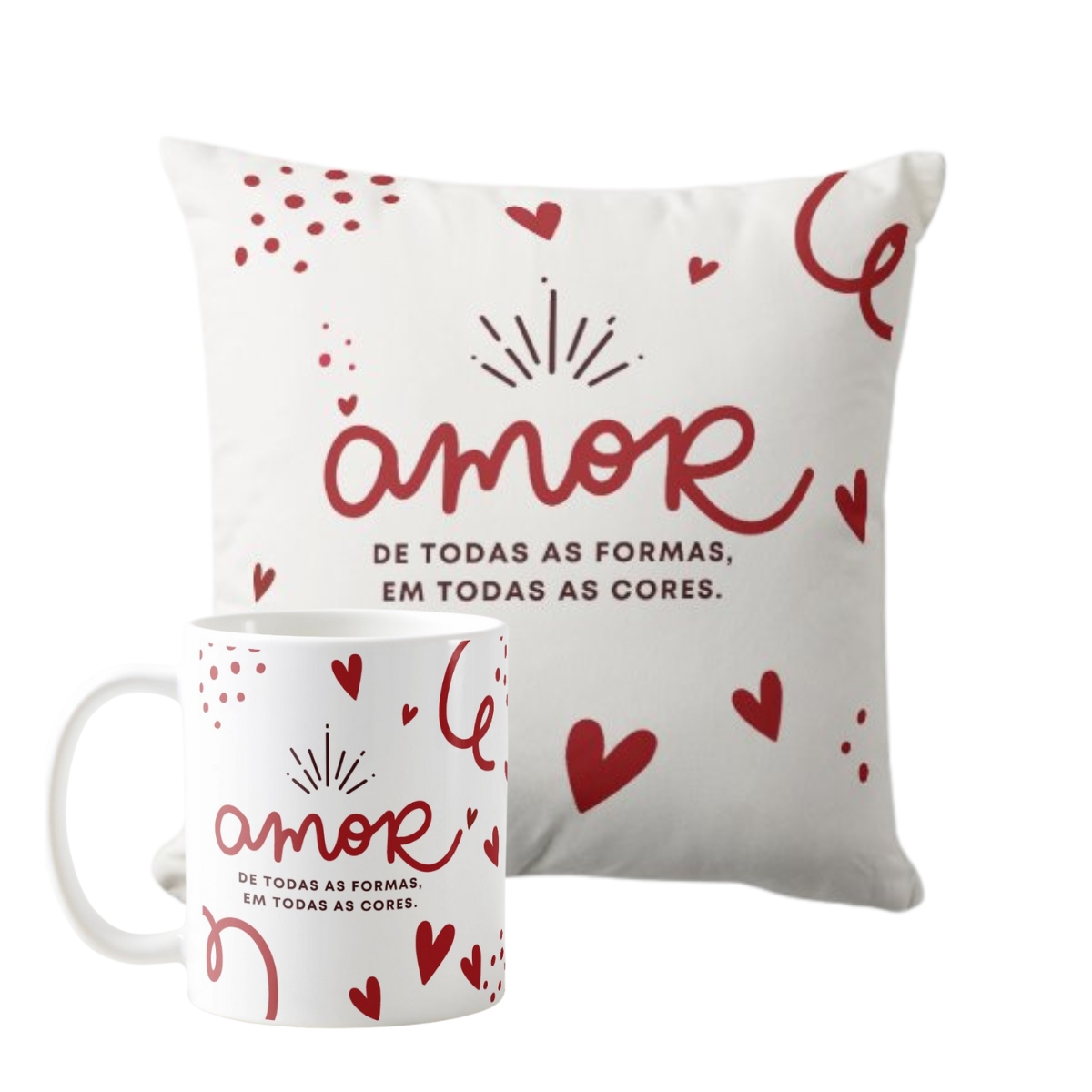 Kit Almofada e Caneca Romance de Corações Toda Forma de Amar