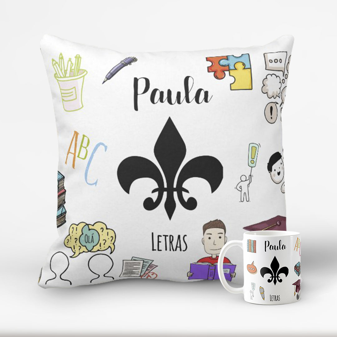 Conjunto Almofada Decorativa E Caneca Profissão Letras Branco Portugues - Dia dos Professores (Professores)